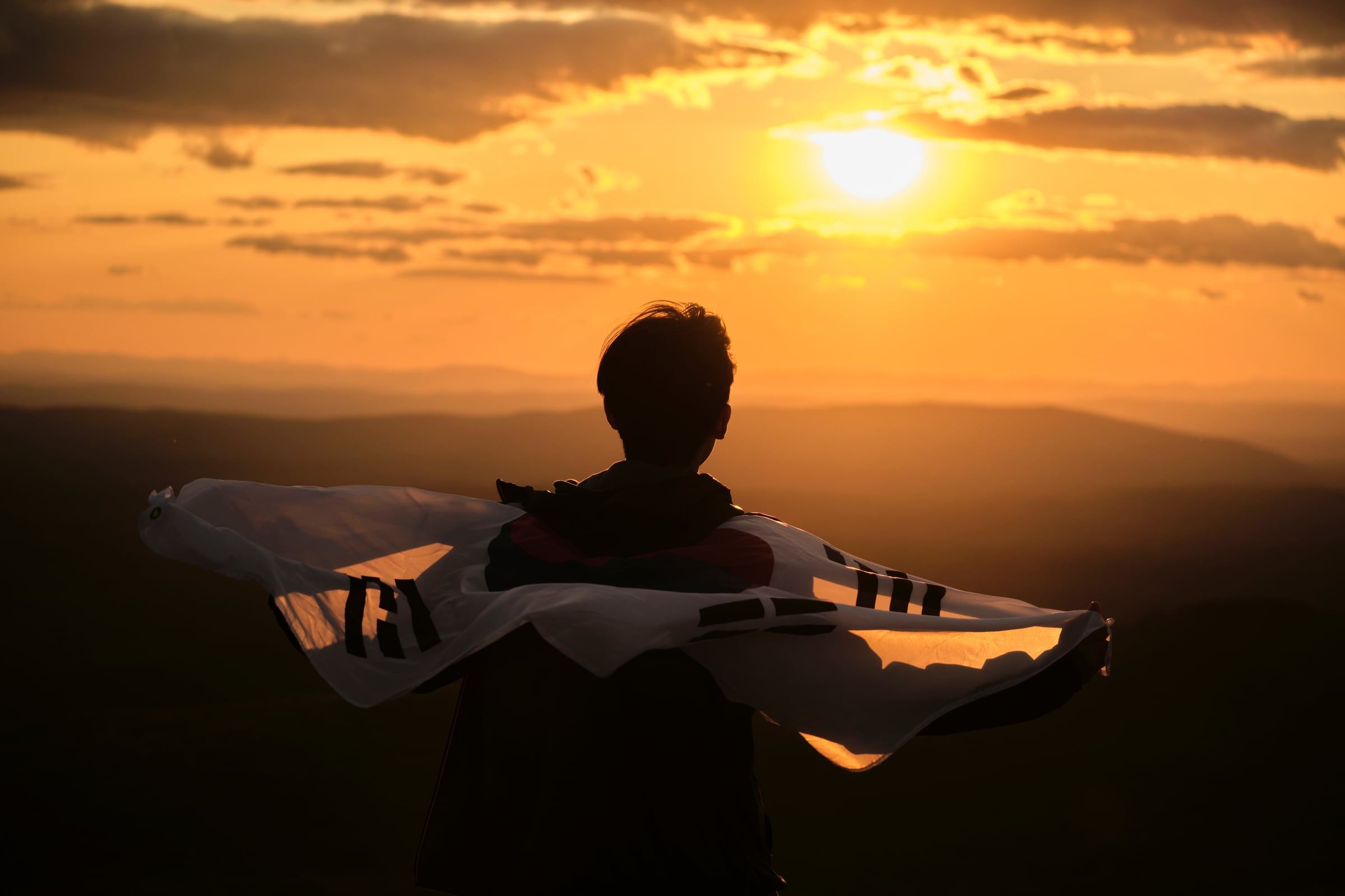 A figure seen from behind holds a Korean flag spread wide against a golden sunset over hills.